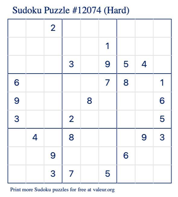 Free Printable Hard Sudoku Puzzle number 12074