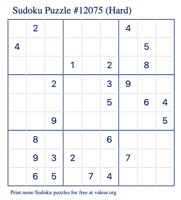 Free Printable Hard Sudoku Puzzle number 12075