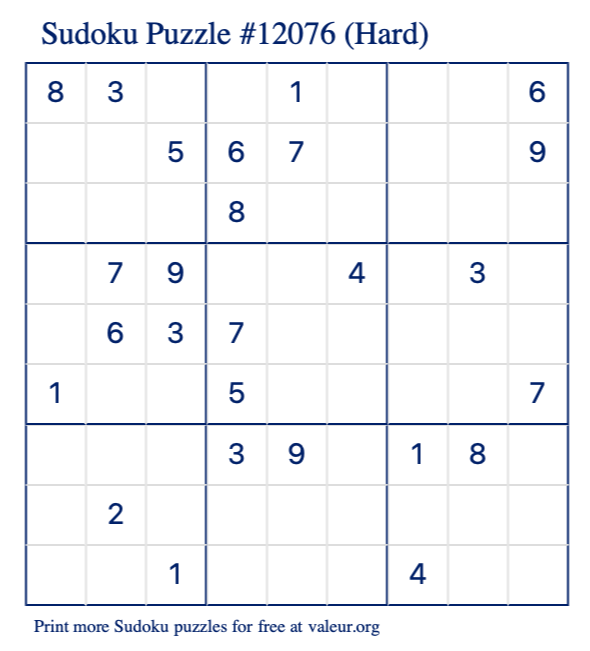 Free Printable Hard Sudoku Puzzle number 12076