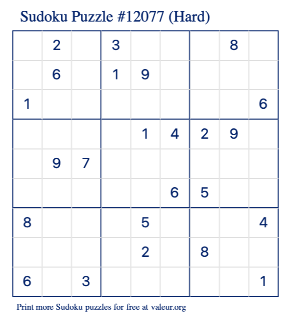 Free Printable Hard Sudoku Puzzle number 12077