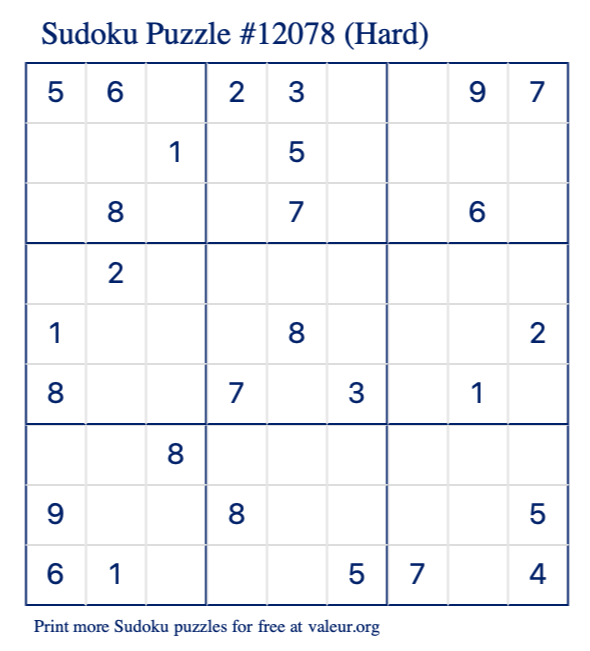 Free Printable Hard Sudoku Puzzle number 12078