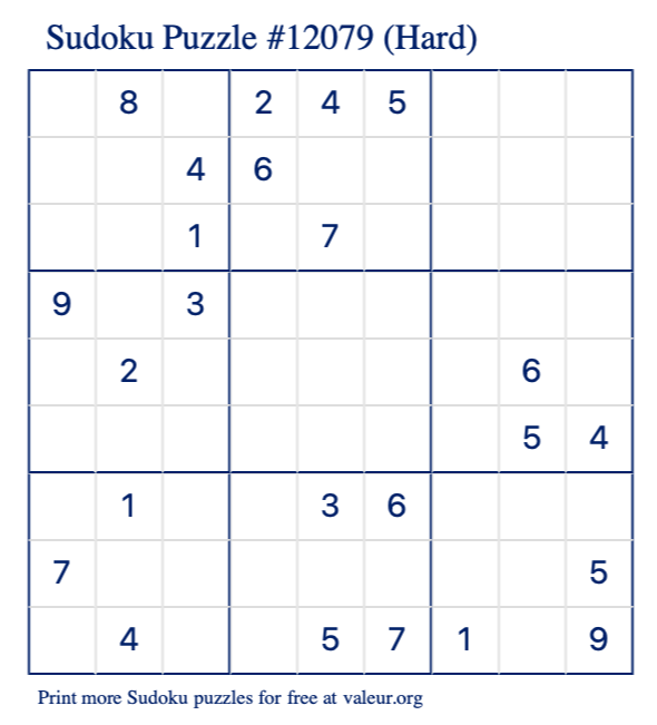 Free Printable Hard Sudoku Puzzle number 12079