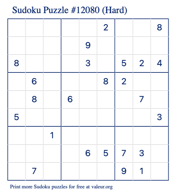 Free Printable Hard Sudoku Puzzle number 12080