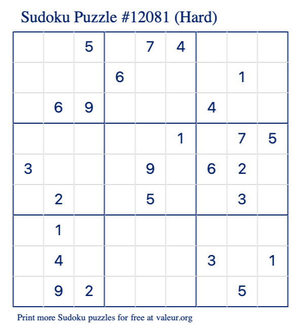 Free Printable Hard Sudoku Puzzle number 12081