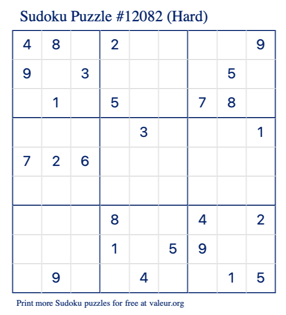 Free Printable Hard Sudoku Puzzle number 12082