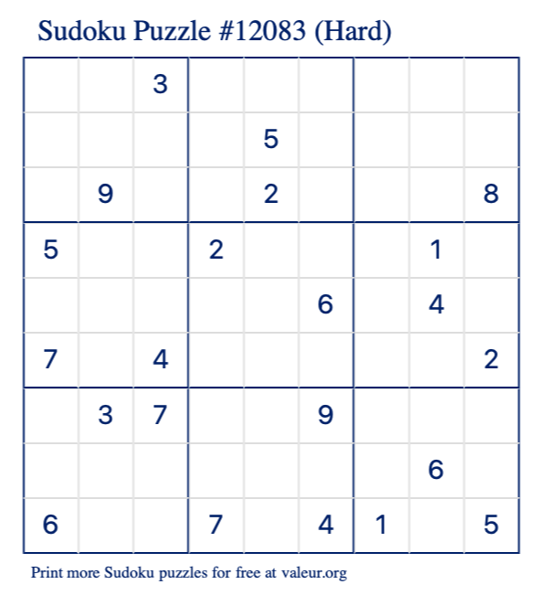 Free Printable Hard Sudoku Puzzle number 12083