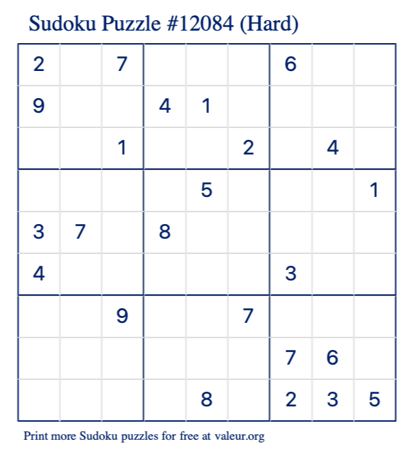 Free Printable Hard Sudoku Puzzle number 12084