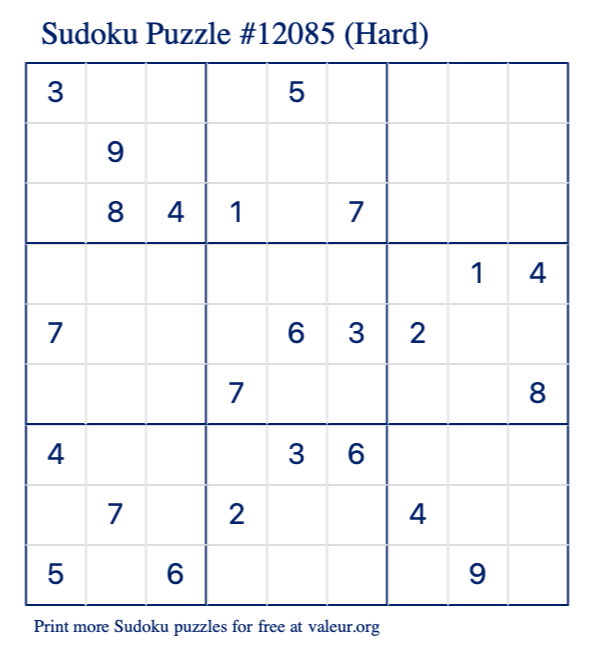 Free Printable Hard Sudoku Puzzle number 12085