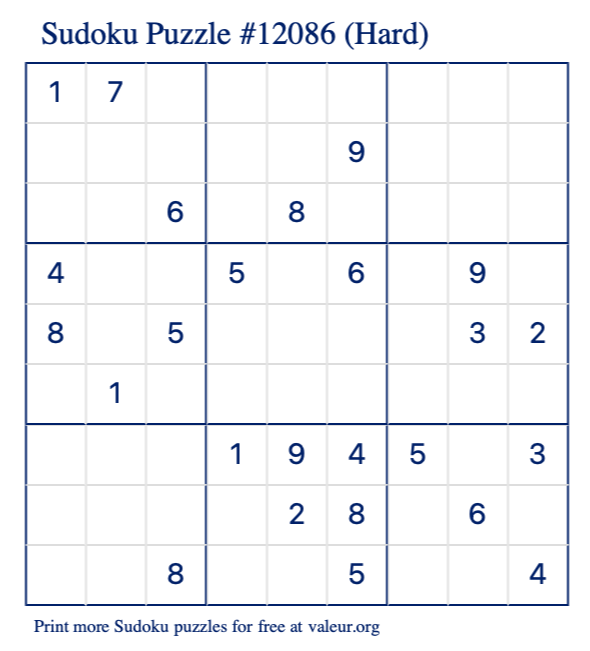 Free Printable Hard Sudoku Puzzle number 12086