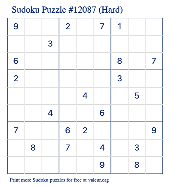 Free Printable Hard Sudoku Puzzle number 12087