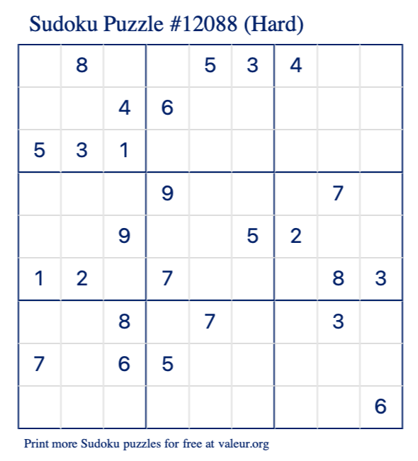 Free Printable Hard Sudoku Puzzle number 12088