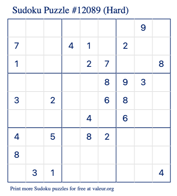 Free Printable Hard Sudoku Puzzle number 12089