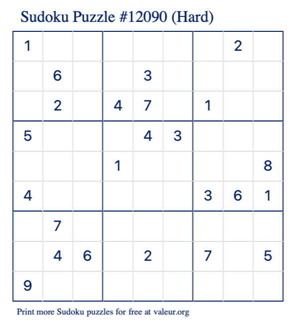 Free Printable Hard Sudoku Puzzle number 12090