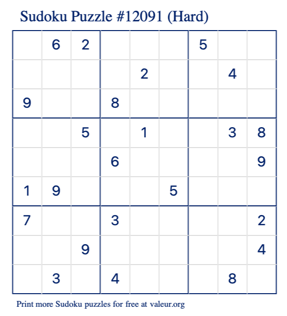 Free Printable Hard Sudoku Puzzle number 12091