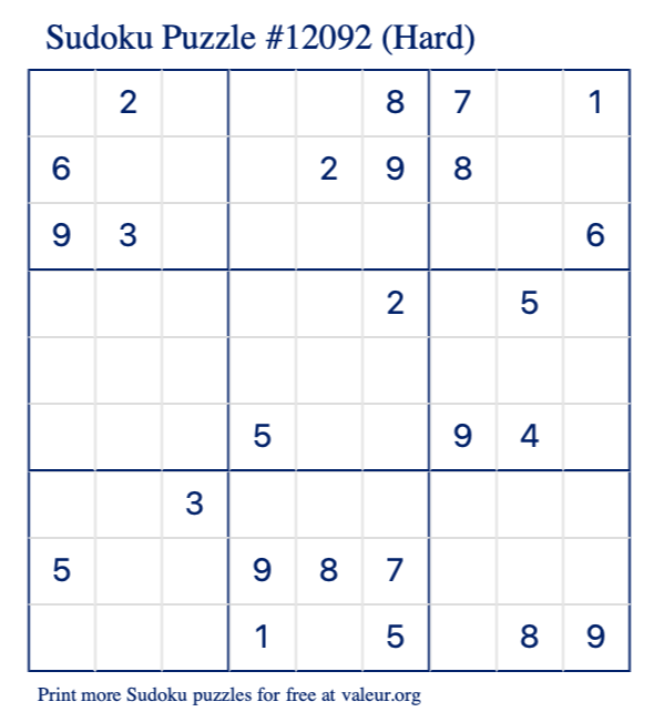 Free Printable Hard Sudoku Puzzle number 12092