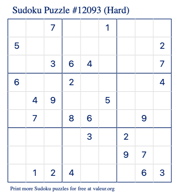 Free Printable Hard Sudoku Puzzle number 12093