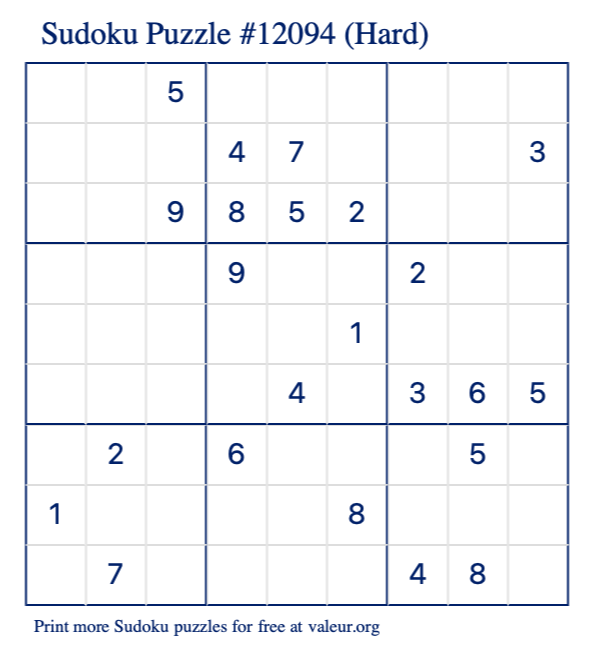 Free Printable Hard Sudoku Puzzle number 12094