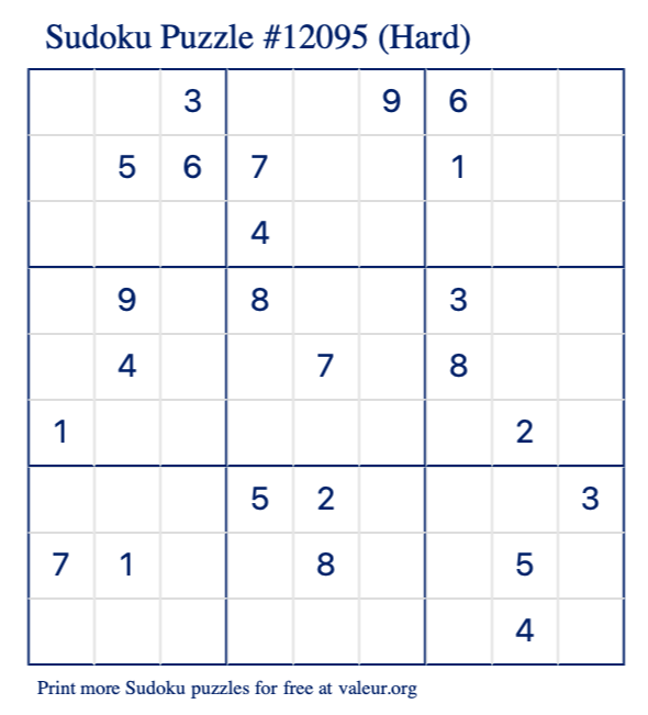 Free Printable Hard Sudoku Puzzle number 12095