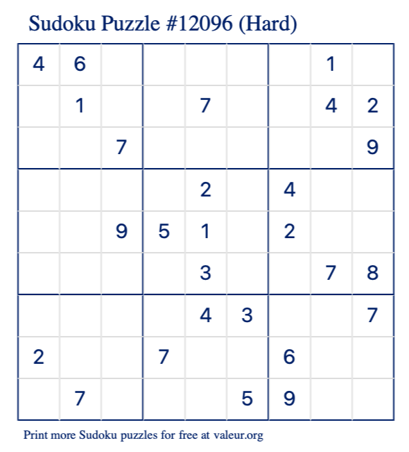 Free Printable Hard Sudoku Puzzle number 12096