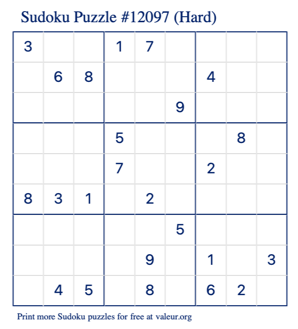 Free Printable Hard Sudoku Puzzle number 12097