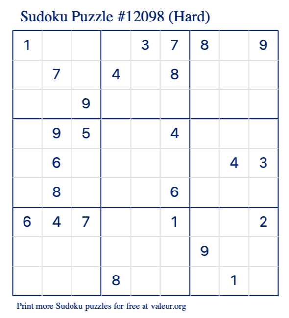 Free Printable Hard Sudoku Puzzle number 12098