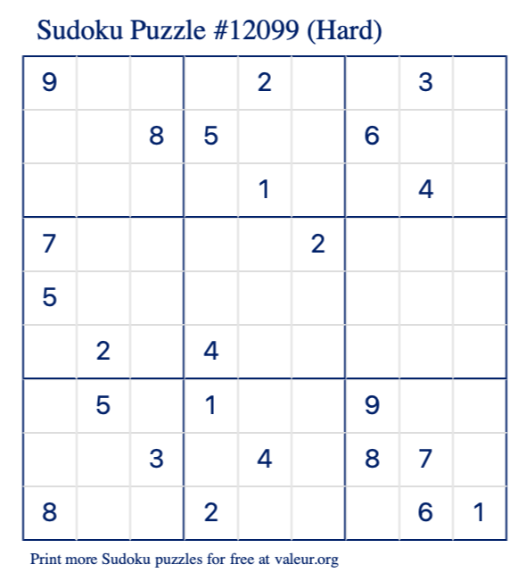 Free Printable Hard Sudoku Puzzle number 12099