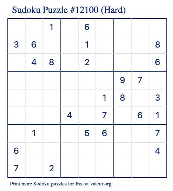 Free Printable Hard Sudoku Puzzle number 12100