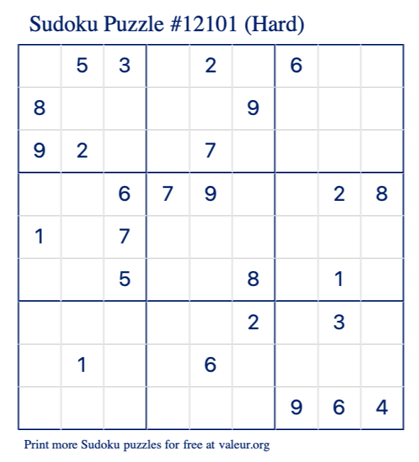 Free Printable Hard Sudoku Puzzle number 12101