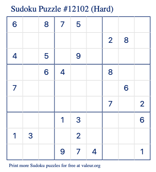 Free Printable Hard Sudoku Puzzle number 12102