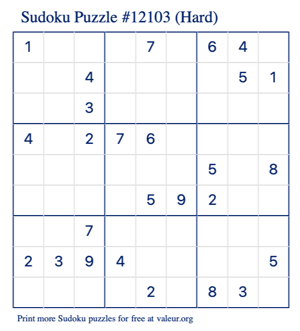 Free Printable Hard Sudoku Puzzle number 12103
