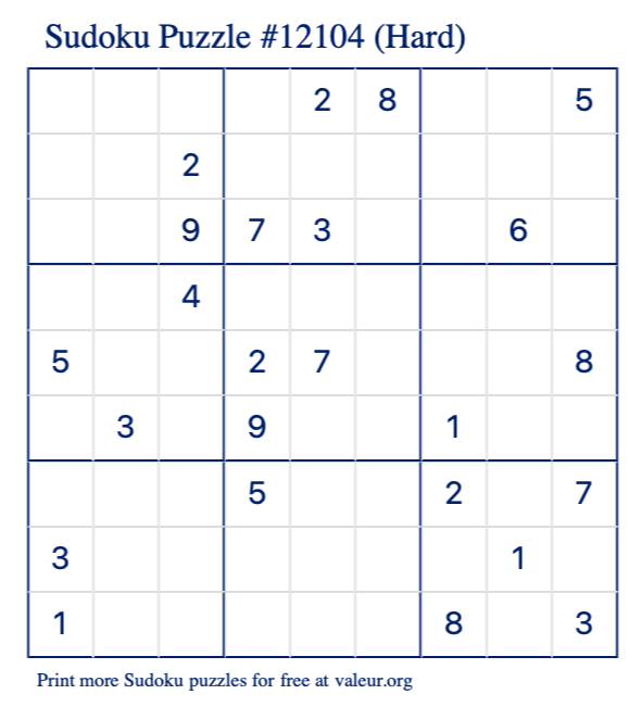 Free Printable Hard Sudoku Puzzle number 12104