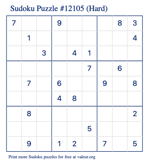 Free Printable Hard Sudoku Puzzle number 12105
