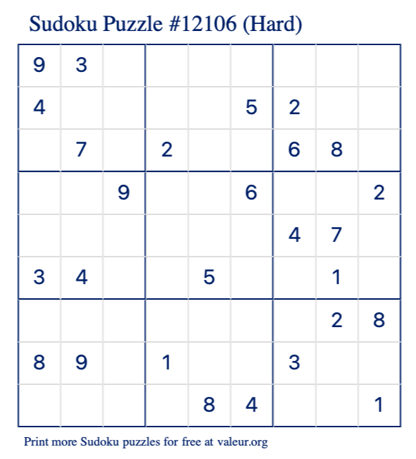 Free Printable Hard Sudoku Puzzle number 12106