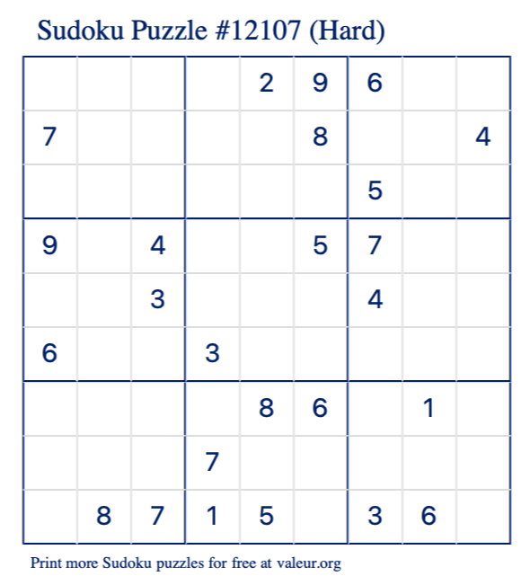 Free Printable Hard Sudoku Puzzle number 12107