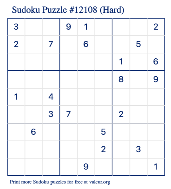 Free Printable Hard Sudoku Puzzle number 12108