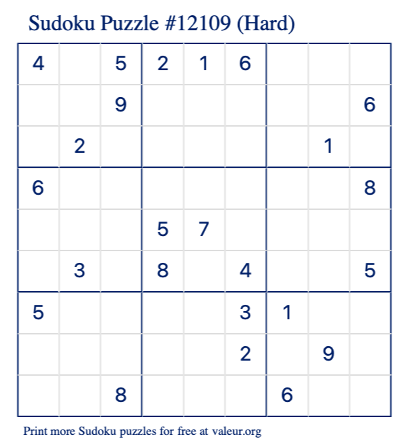 Free Printable Hard Sudoku Puzzle number 12109