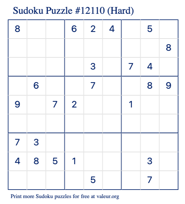 Free Printable Hard Sudoku Puzzle number 12110