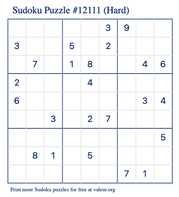 Free Printable Hard Sudoku Puzzle number 12111