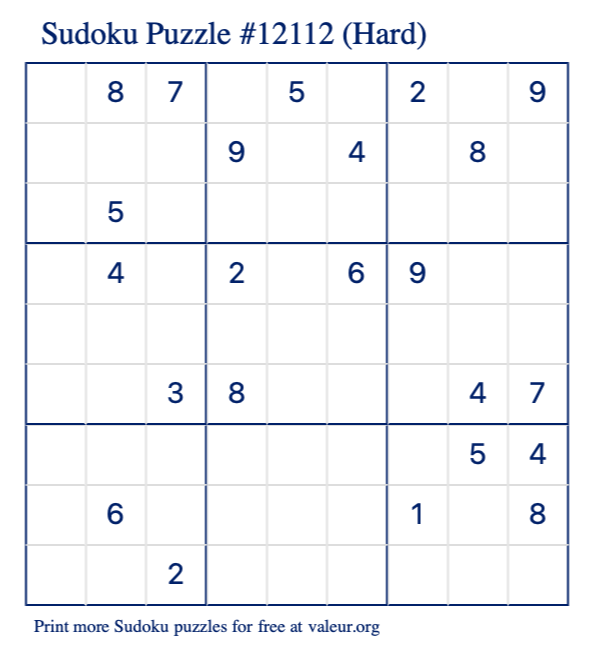 Free Printable Hard Sudoku Puzzle number 12112
