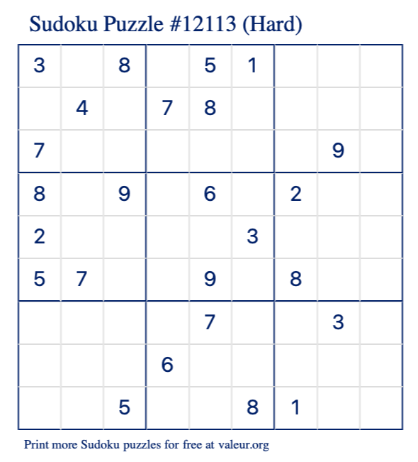 Free Printable Hard Sudoku Puzzle number 12113