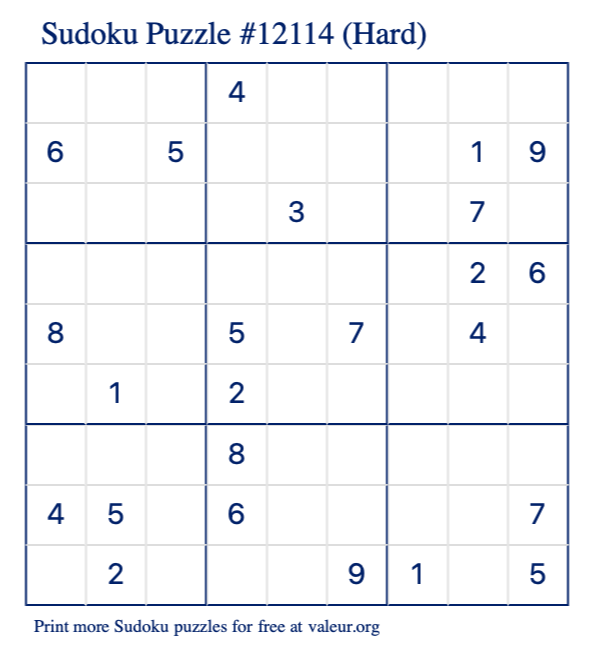 Free Printable Hard Sudoku Puzzle number 12114