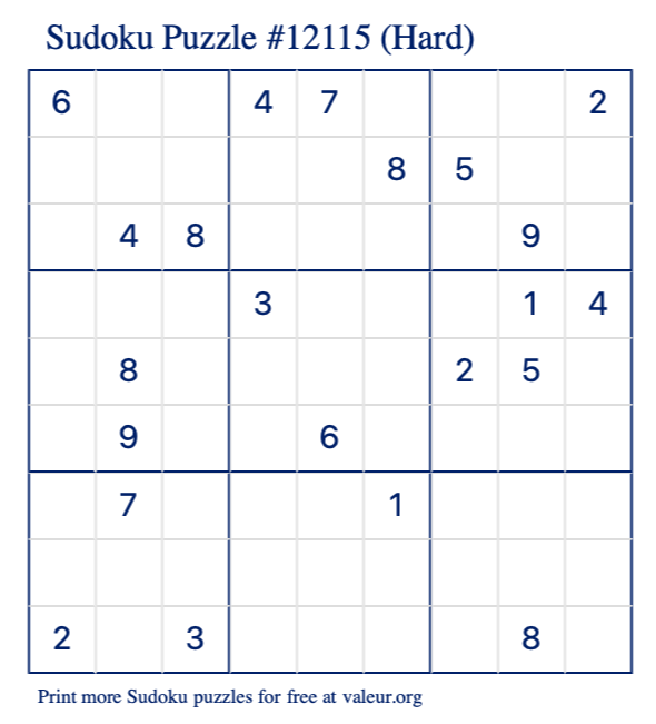 Free Printable Hard Sudoku Puzzle number 12115