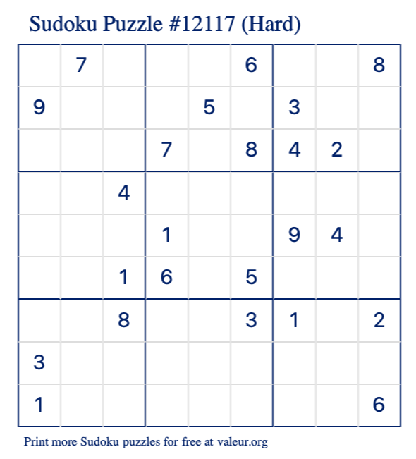 Free Printable Hard Sudoku Puzzle number 12117