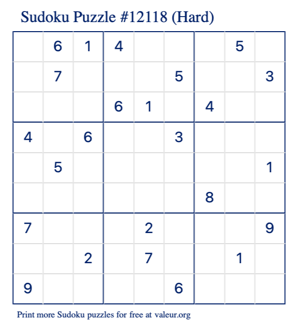 Free Printable Hard Sudoku Puzzle number 12118