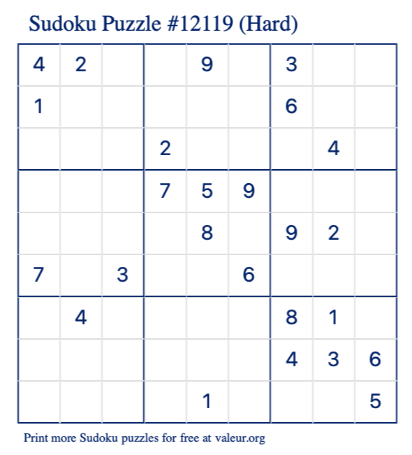 Free Printable Hard Sudoku Puzzle number 12119