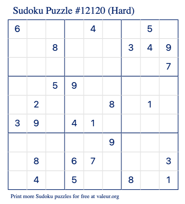 Free Printable Hard Sudoku Puzzle number 12120
