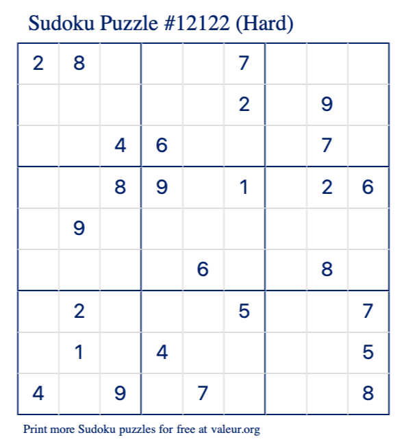 Free Printable Hard Sudoku Puzzle number 12122