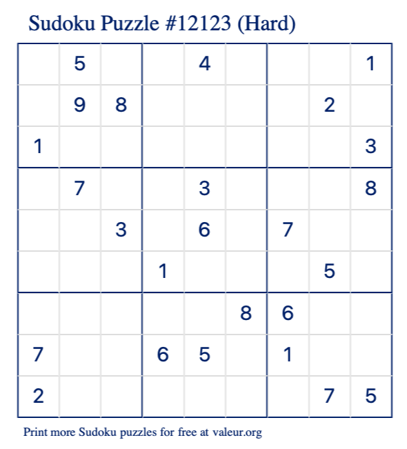 Free Printable Hard Sudoku Puzzle number 12123
