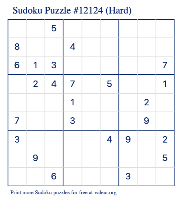 Free Printable Hard Sudoku Puzzle number 12124