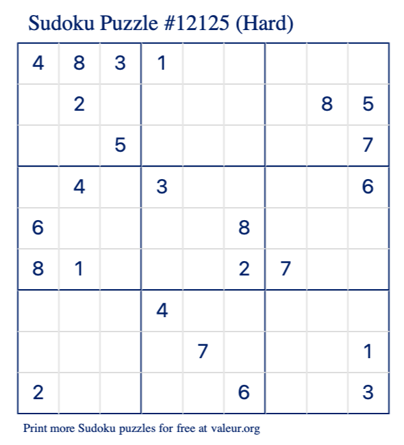 Free Printable Hard Sudoku Puzzle number 12125